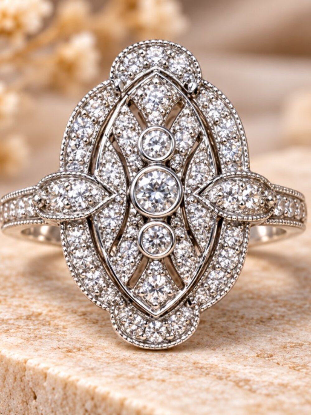 Navette Art Deco Milgrain CZ Ring in Sterling Silver